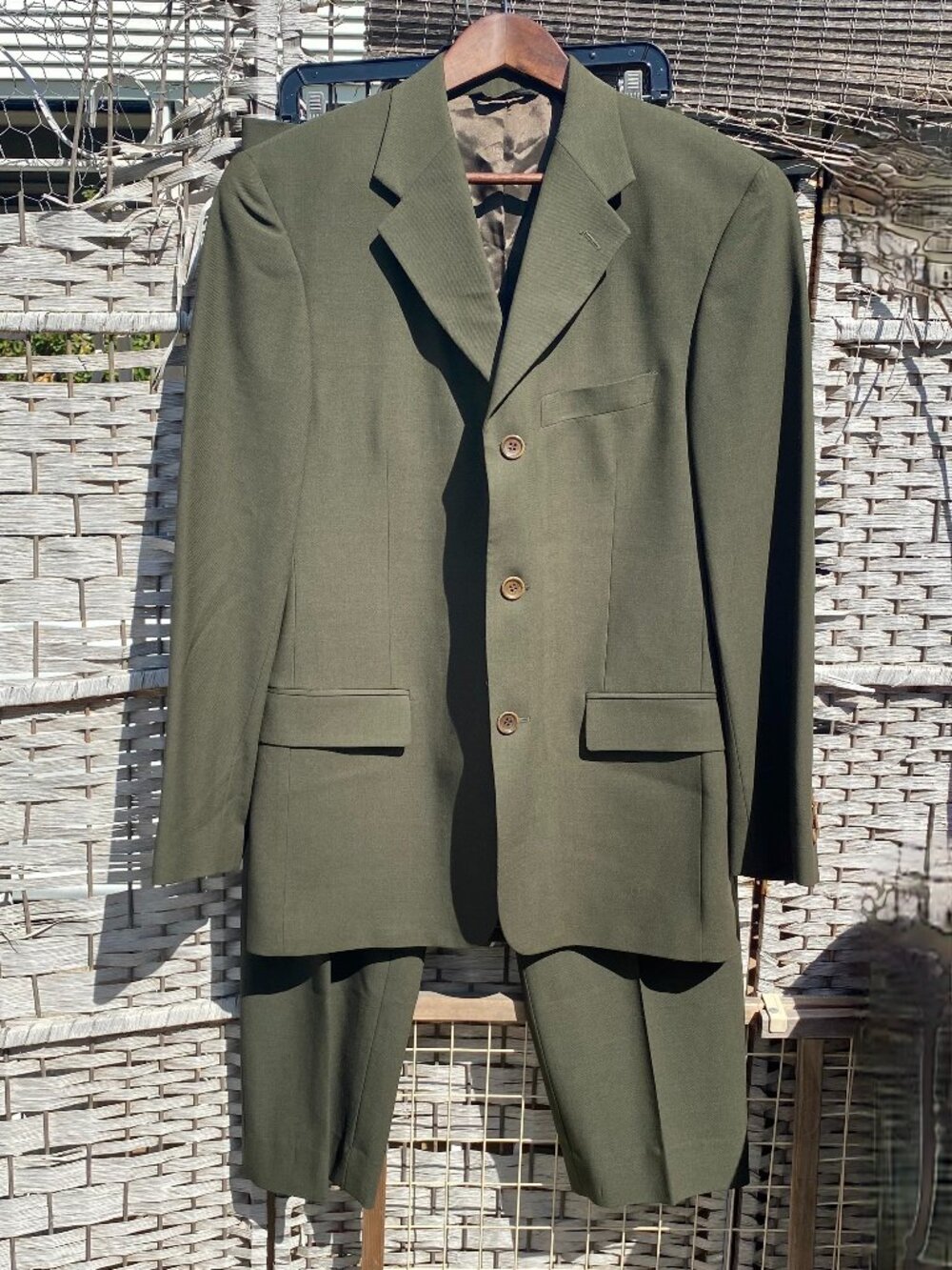 Vintage Alfani Olive Green Mens 2 Piece Suit 3 Button Jacket 38R Made in Italy